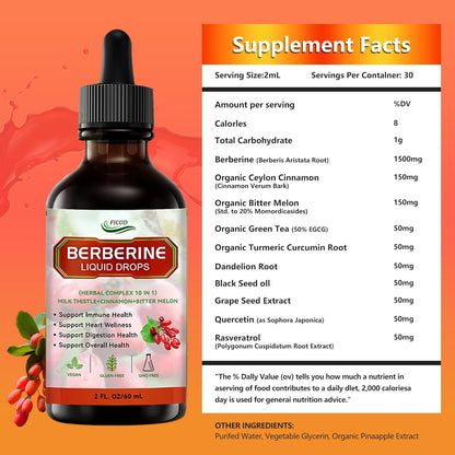 Berberine Liuqid Drop, Supports Immune System & Gastrointestinal Care - with Turmeric, Bitter Melon, Milk Thistle, Ceylon Cinnamon, Berberine Veggie Supplement for Heart Health Support