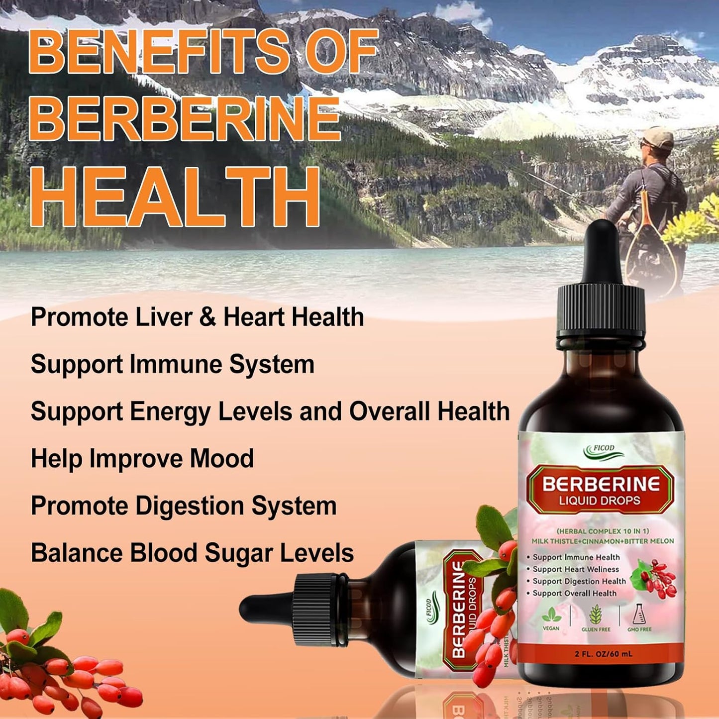 Berberine Liuqid Drop, Supports Immune System & Gastrointestinal Care - with Turmeric, Bitter Melon, Milk Thistle, Ceylon Cinnamon, Berberine Veggie Supplement for Heart Health Support