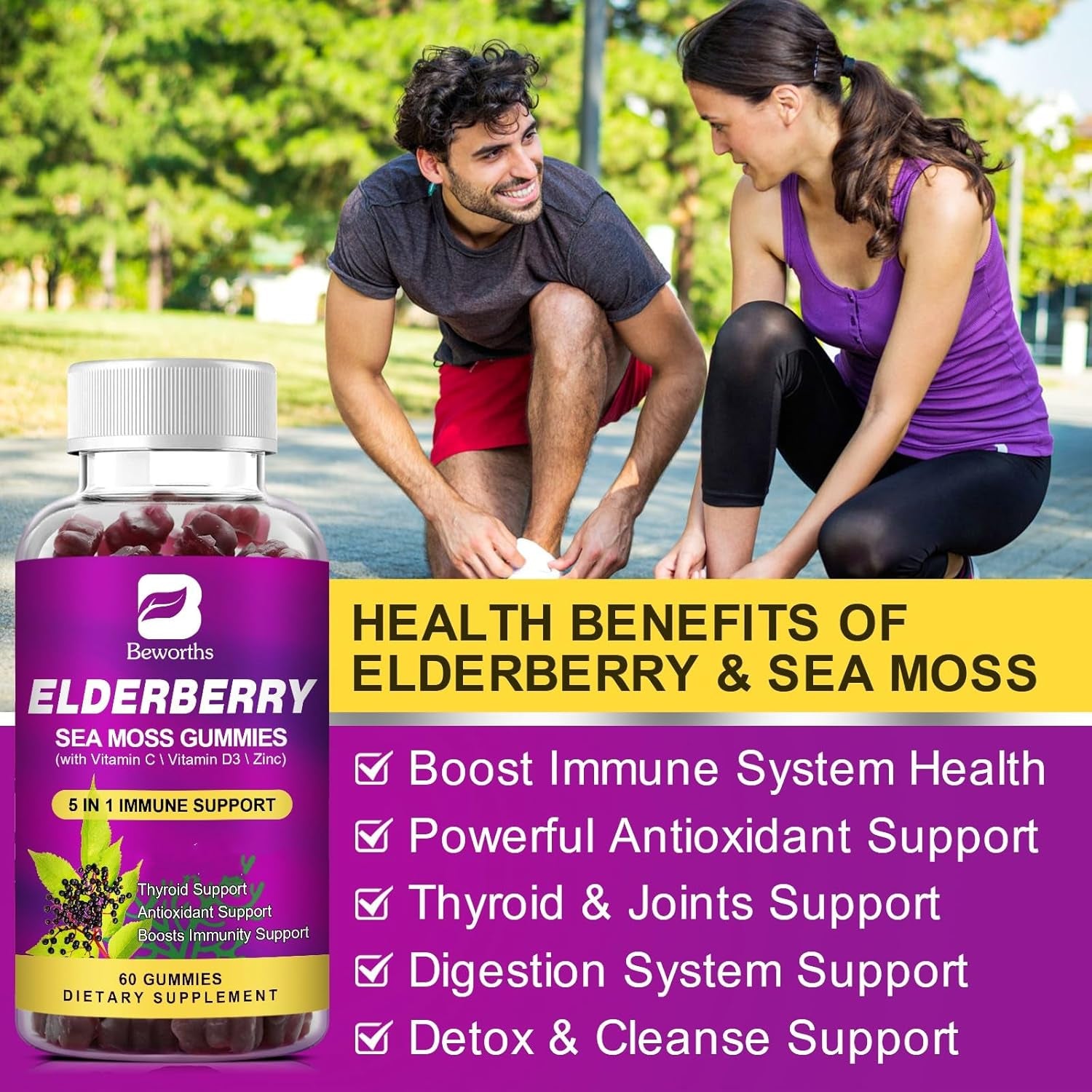 Elderberry Gummies & Irish Sea Moss, Organic Sambucus Elderberry Gummy with Seamoss, Zinc, Vitamin C, D3, Multivitamin Elderberry Vitamin & Energy Support Supplements - Sugar-Free