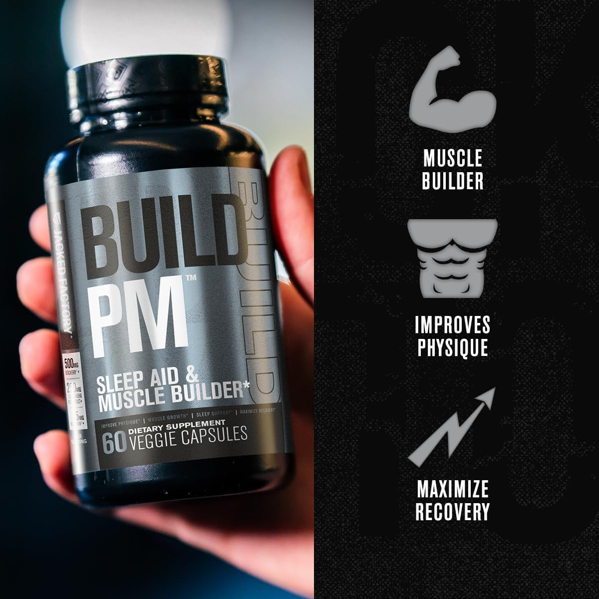 Jacked Factory Build PM Night Time Muscle Builder & Sleep Aid - Post Workout Recovery & Sleep Support Supplement W/Vitacherry Tart Cherry, Ashwagandha, & Melatonin - 60 Natural Veggie Pills