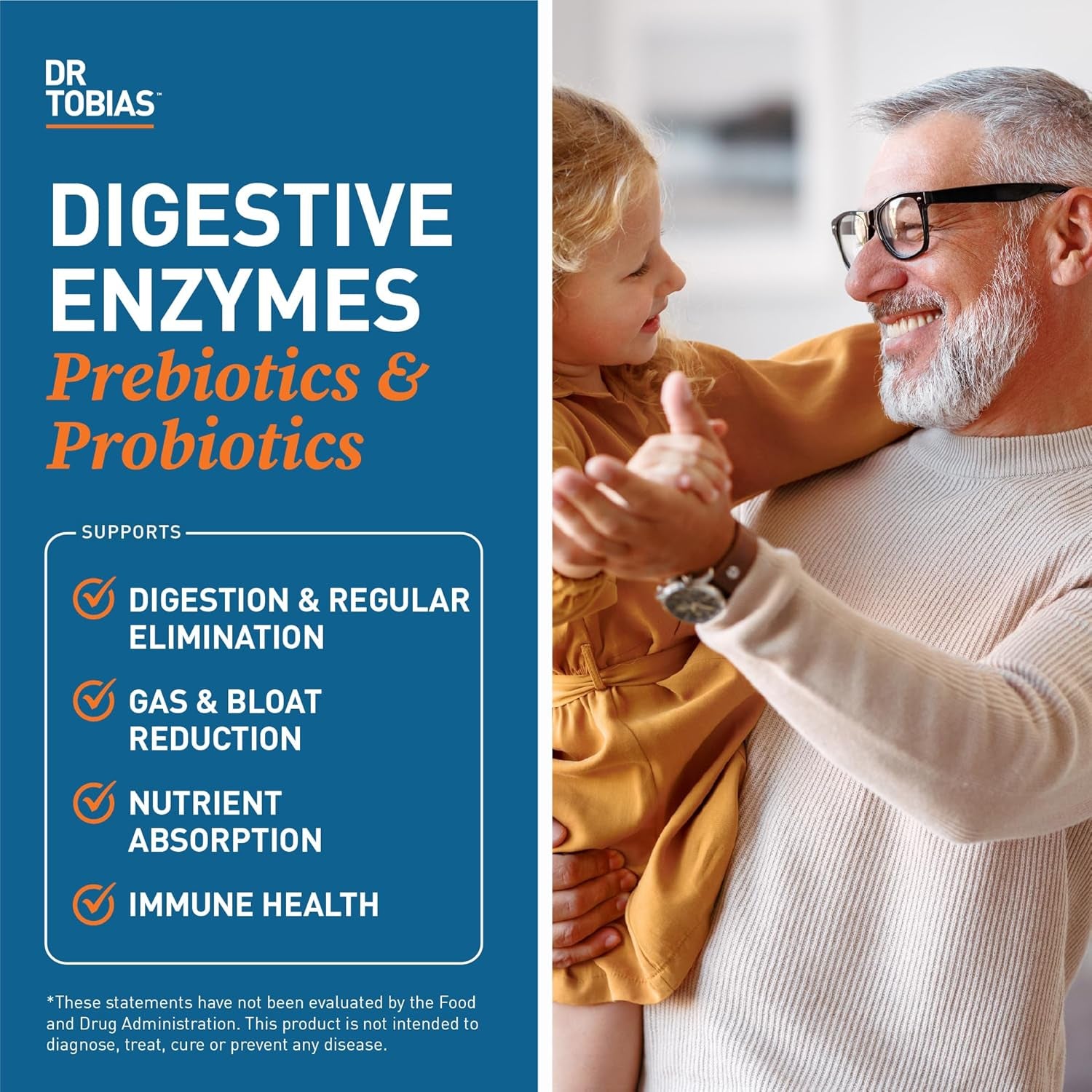 Dr. Tobias Digestive Enzymes with Probiotics, Prebiotics and Postbiotics Bromelain, Amylase, Lipase, for Better Digestion & Immune Function, 60 Capsules, 30 Servings (2 Daily)