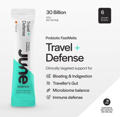 Travel + Defense | Fast Melt Pre + Probiotic for Immune Health While Traveling - Tropical Flavor, 30 Powder Sachets