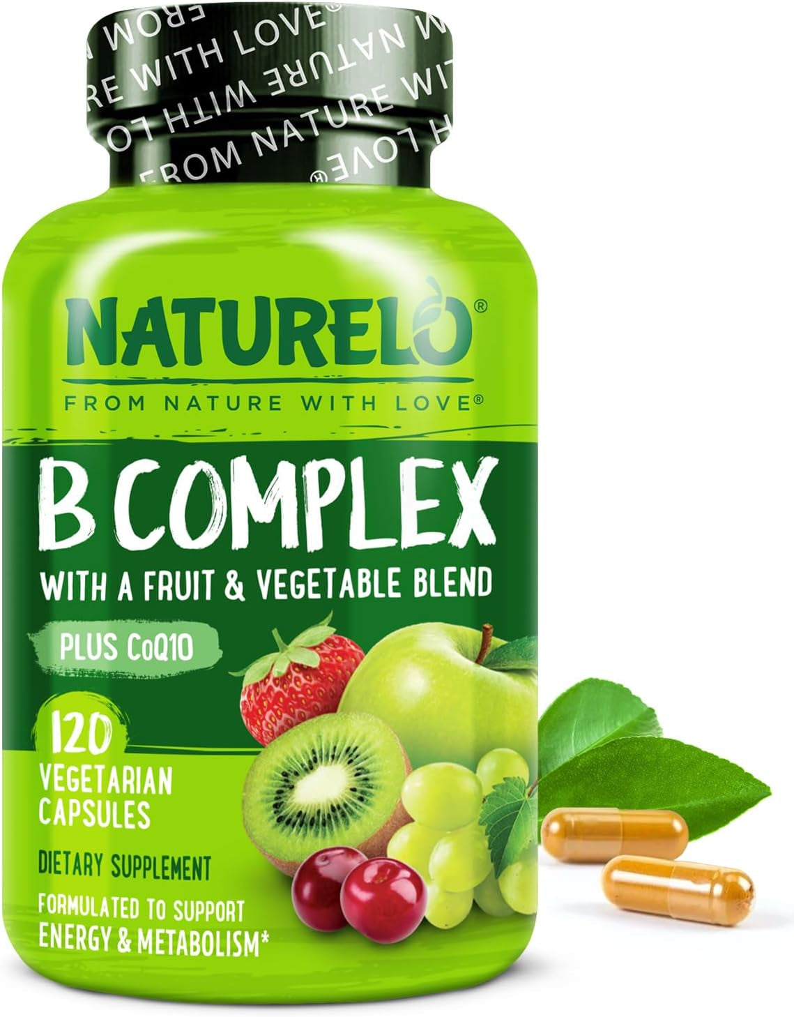 NATURELO Vitamin B Complex with Methyl B12, Methyl Folate, Vitamin B6, Biotin plus Choline, Coq10, and Fruit & Vegetable Blend - Supports Energy & Healthy Stress Response - Vegan - 120 Capsules
