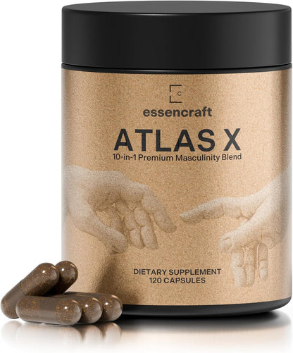 ATLAS X 10-In-1 Masculinity Maximiser Supplement for Men - Energy, Strength & Vitality Capsules with Shilajit, Ashwagandha, Zinc, Safed Musli, Tongkat Ali, Black Maca, Fadogia Agrestis, 2 Month Supply