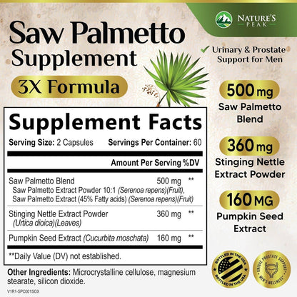 Saw Palmetto for Men Prostate Supplement - Potent 3X Formula with Stinging Nettle + Pumpkin Seed Extract for Men'S Health, Herbal Prostate Supplement for Urinary Support, Bottled in USA, 120 Capsules