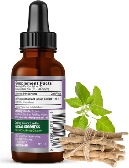 Ashwagandha Root Extract | Organic Ashwagandha Supplements for Women & Men | Natural Calm, Mood Support Supplement | Non-Gmo, Vegan, Adaptogenic, Fast Absorption, Liquid Drops 1 Fl. Oz