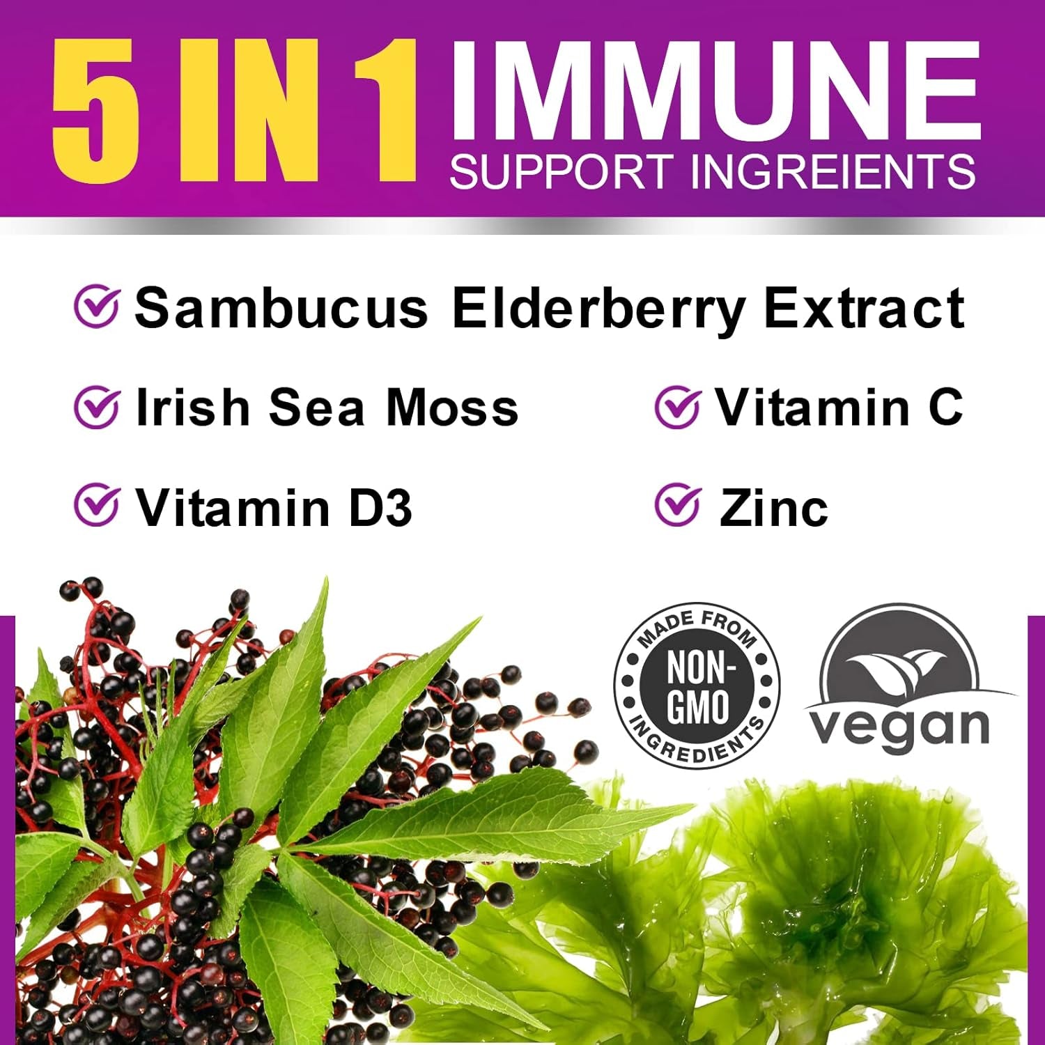Elderberry Gummies & Irish Sea Moss, Organic Sambucus Elderberry Gummy with Seamoss, Zinc, Vitamin C, D3, Multivitamin Elderberry Vitamin & Energy Support Supplements - Sugar-Free
