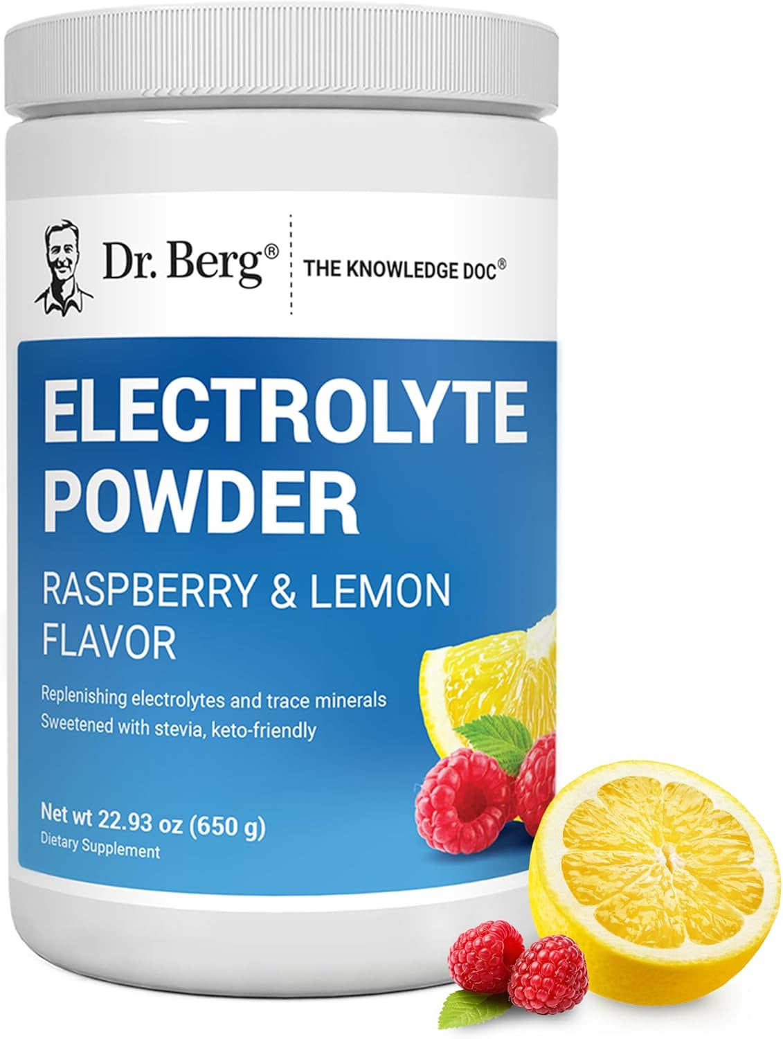 Dr. Berg Zero Sugar Hydration Keto Electrolyte Powder - Enhanced W/ 1000 Mg of Potassium & Real Pink Himalayan Salt (NOT Table Salt) - Raspberry & Lemon Flavor Hydration Drink Supplement, 100 Servings