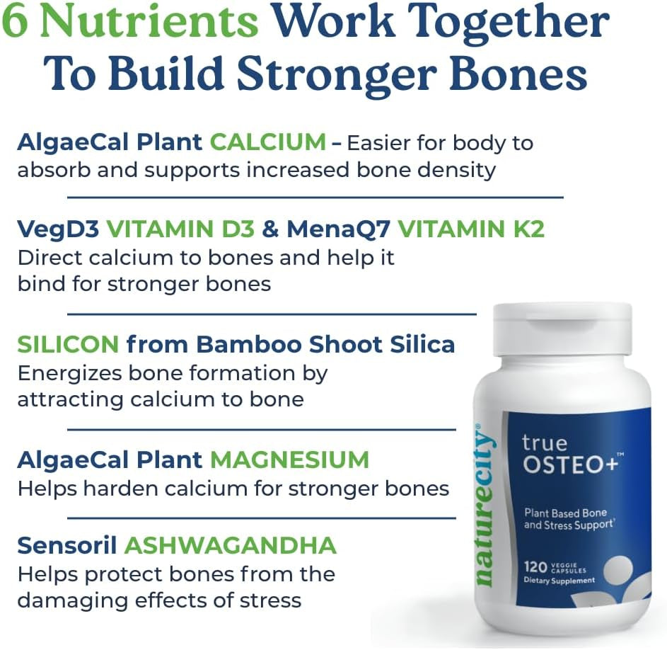 Naturecity True-Osteo Bone Support Supplement – Plant-Based Formula with Algaecal Calcium, Magnesium, Vitamin D3, K2 & Silicon | Gentle on Stomach (120 Veggie Capsules)