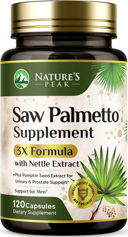 Saw Palmetto for Men Prostate Supplement - Potent 3X Formula with Stinging Nettle + Pumpkin Seed Extract for Men'S Health, Herbal Prostate Supplement for Urinary Support, Bottled in USA, 120 Capsules