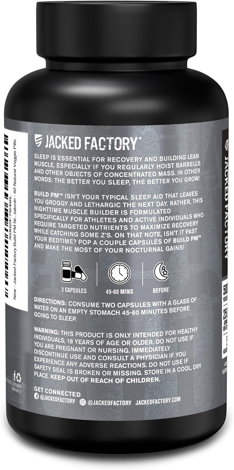 Jacked Factory Build PM Night Time Muscle Builder & Sleep Aid - Post Workout Recovery & Sleep Support Supplement W/Vitacherry Tart Cherry, Ashwagandha, & Melatonin - 60 Natural Veggie Pills
