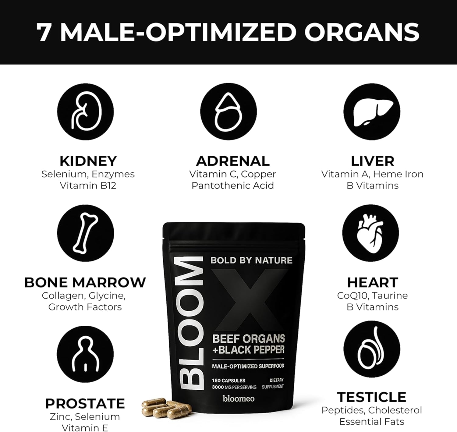 Beef Organ Supplement for Men | 100% Grass Fed Beef Liver Capsules with Bull Testicle, Prostate, Bone Marrow & More | Bloom X - Ancestral Superfoods for Vital Energy, Immunity & Men’S Health | 180 Ct