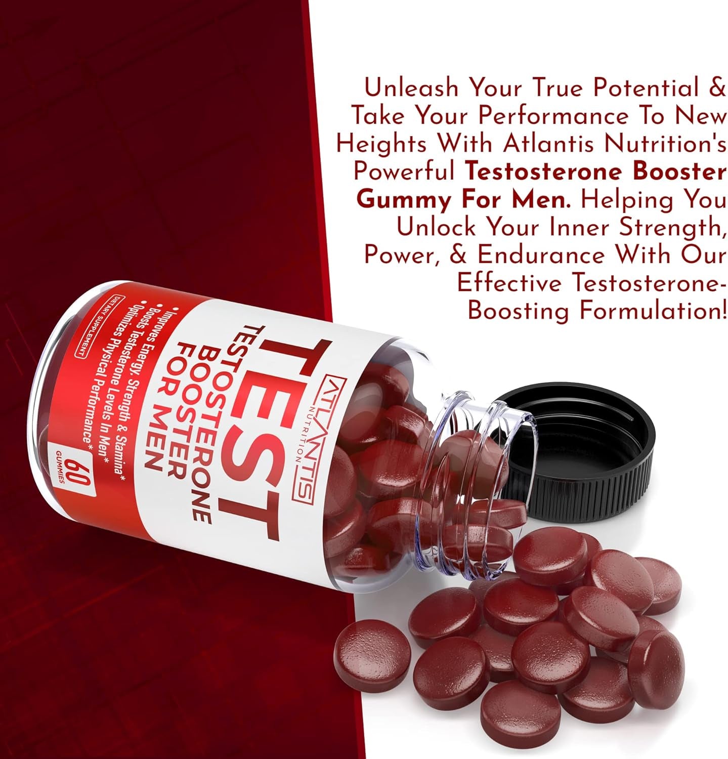 Atlantis Nutrition Testosterone Booster for Men Gummies - Male Enhancement, Boosts Energy, & Optimizes Physical Performance Formulated W/Tribulus, Horny Goat Weed, Saw Palmetto, Maca Root - 60 Gummies