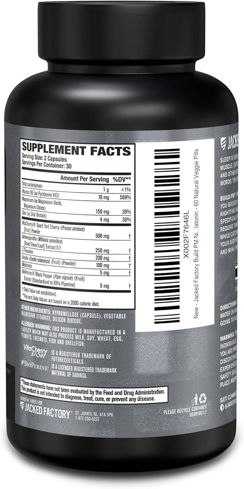 Jacked Factory Build PM Night Time Muscle Builder & Sleep Aid - Post Workout Recovery & Sleep Support Supplement W/Vitacherry Tart Cherry, Ashwagandha, & Melatonin - 60 Natural Veggie Pills