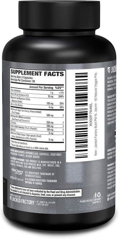 Jacked Factory Build PM Night Time Muscle Builder & Sleep Aid - Post Workout Recovery & Sleep Support Supplement W/Vitacherry Tart Cherry, Ashwagandha, & Melatonin - 60 Natural Veggie Pills
