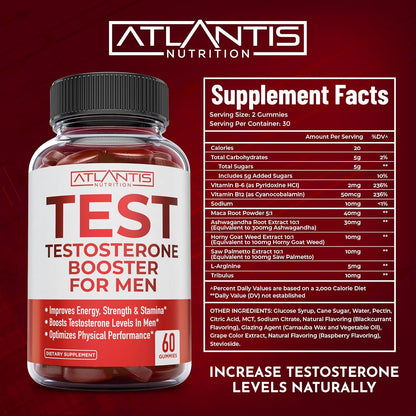 Atlantis Nutrition Testosterone Booster for Men Gummies - Male Enhancement, Boosts Energy, & Optimizes Physical Performance Formulated W/Tribulus, Horny Goat Weed, Saw Palmetto, Maca Root - 60 Gummies