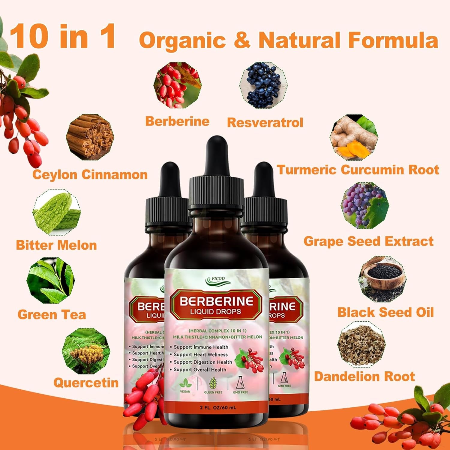 Berberine Liuqid Drop, Supports Immune System & Gastrointestinal Care - with Turmeric, Bitter Melon, Milk Thistle, Ceylon Cinnamon, Berberine Veggie Supplement for Heart Health Support